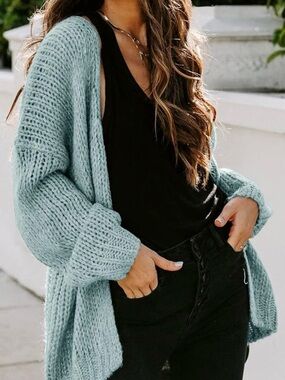 Cozy Open-Front Chunky Knit Cardigan - Light Seafoam